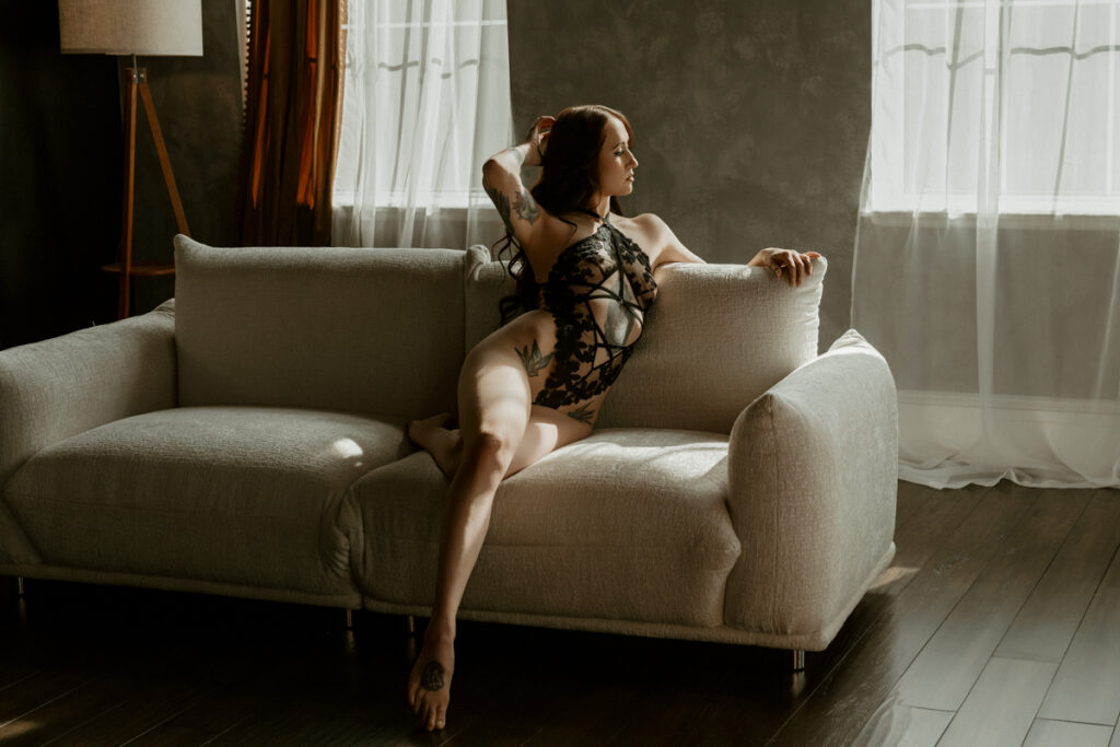 Elegant and sensual bridal boudoir photoshoot by a Nashville boudoir photographer, showcasing soft lighting and timeless beauty